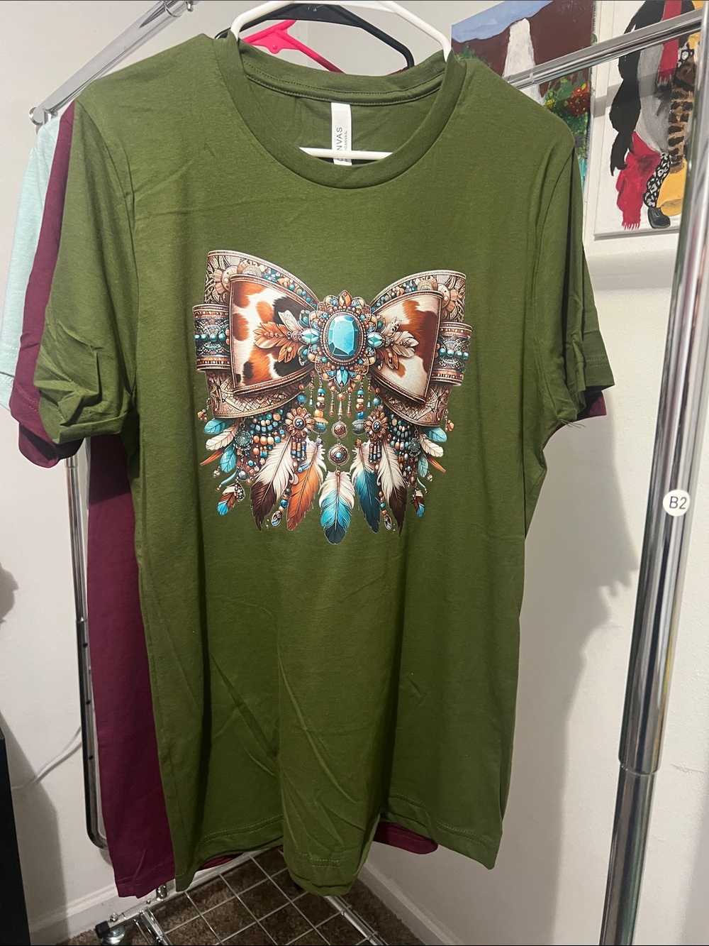 Bella Canvas Olive Green Short Sleeve Tee with Jewel Bow & Feather Graphic